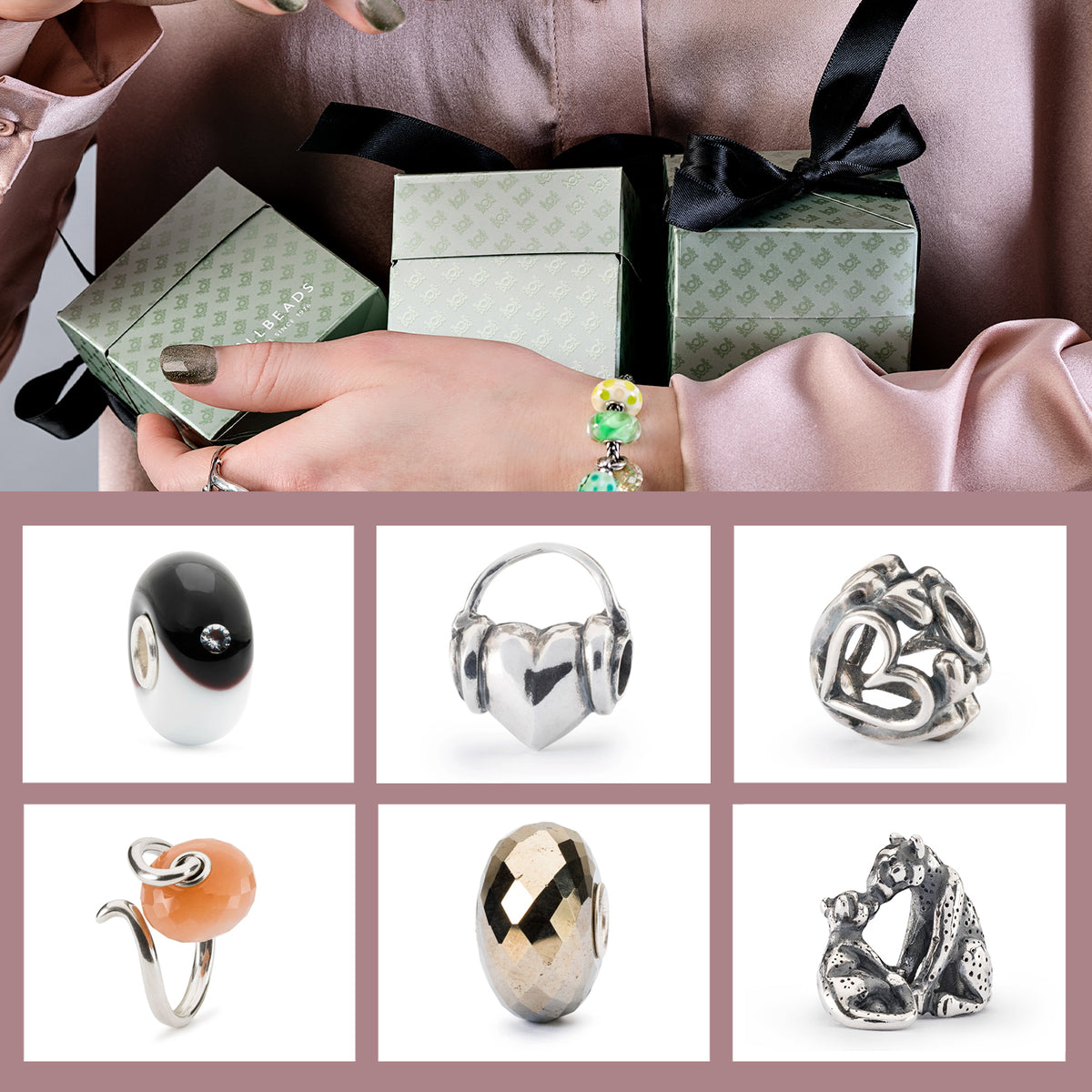 Trollbeads Geschenkboxen und Model trägt Trollbeads Schmuck